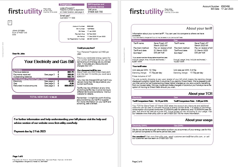 download United Kingdom First gas and electricity utility bill in Word and PDF formats, 6 pages PDF template